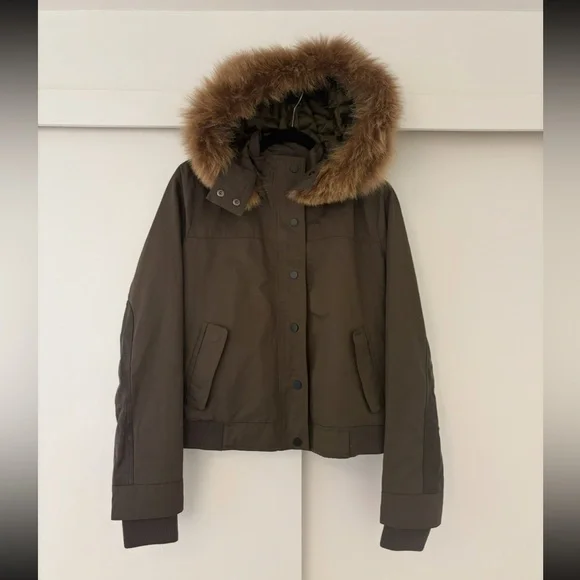 Vince Olive Bomber Jacket with genuine fur hood - Picture 3 of 12